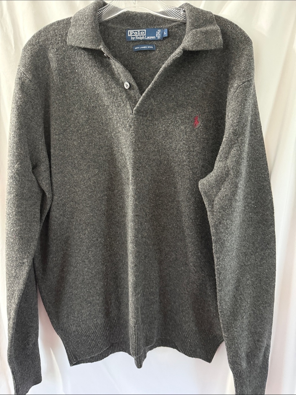Polo by Ralph Lauren Charcoal Grey V-Neck Lambswool Polo Sweater with Red Pony